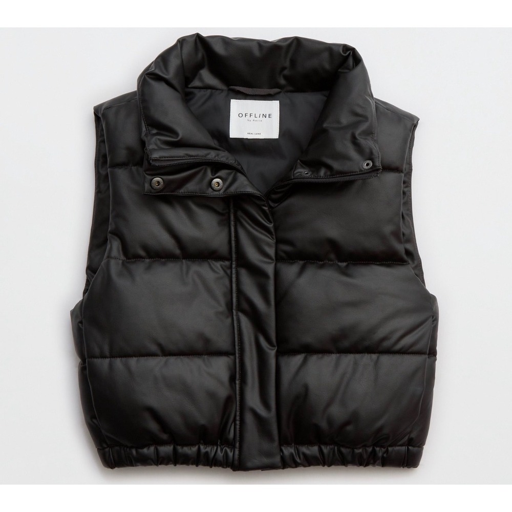 Offline by Aerie Real Luxe Faux Leather Cropped Puffer Vest Black Womens Medium